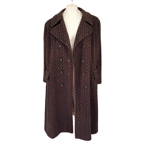 VTG 70s Retro Zigzag Woven Double Breasted Wool Car Coat SZ XL - Picture 3 of 12